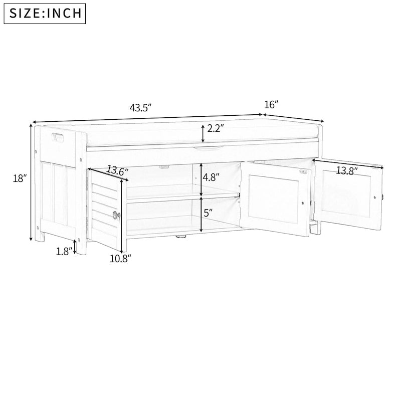 Upholstered Storage Ottoman Bench with 3 Shutter-Shaped Doors Cabinet
