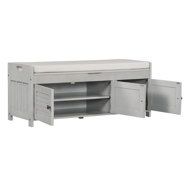 Upholstered Storage Ottoman Bench with 3 Shutter-Shaped Doors Cabinet