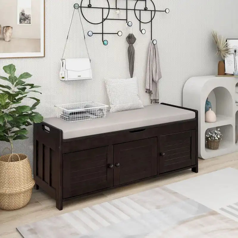 Upholstered Storage Ottoman Bench with 3 Shutter-Shaped Doors Cabinet