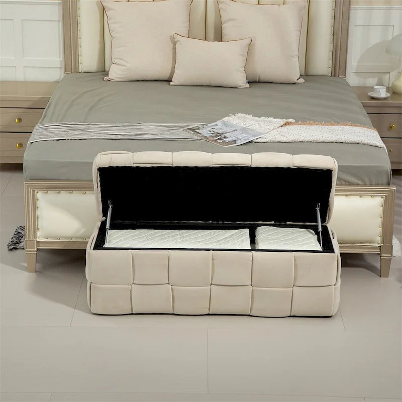 Pouf de rangement, banc de bout de lit, pouf de rangement en tissu rembourré