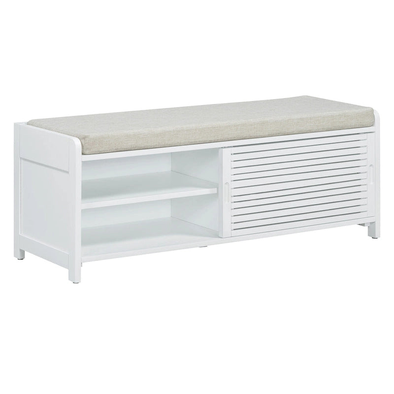 Distressed Shutter Storage Bench with Acacia Veneer for Retro Charm for Living Room, Entryway