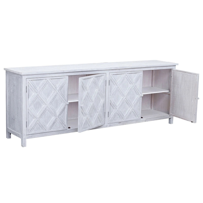 94" Reclaimed Pine White Washed Painted Carved Sideboard