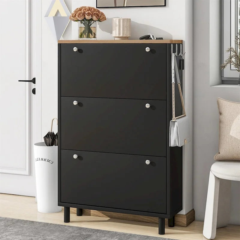 Narrow Design Shoe Cabinet with 3 Flip Drawers and 3 Hooks