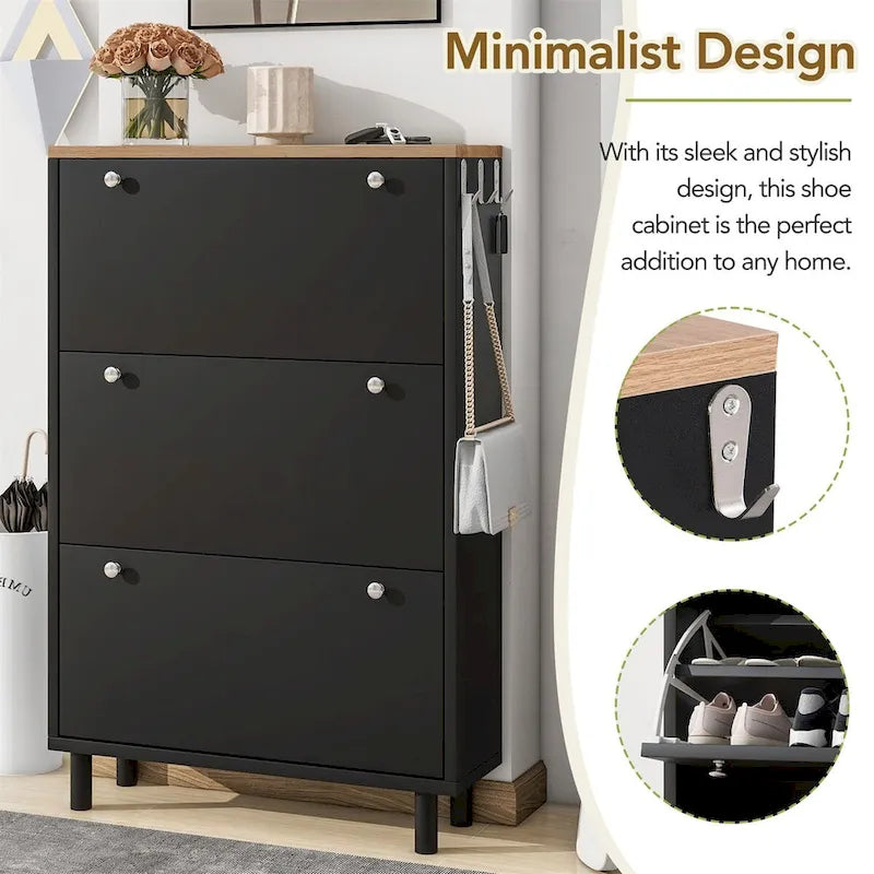 Narrow Design Shoe Cabinet with 3 Flip Drawers and 3 Hooks