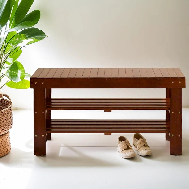 Solid Wood Shoe Bench, Cherry Finish - 2