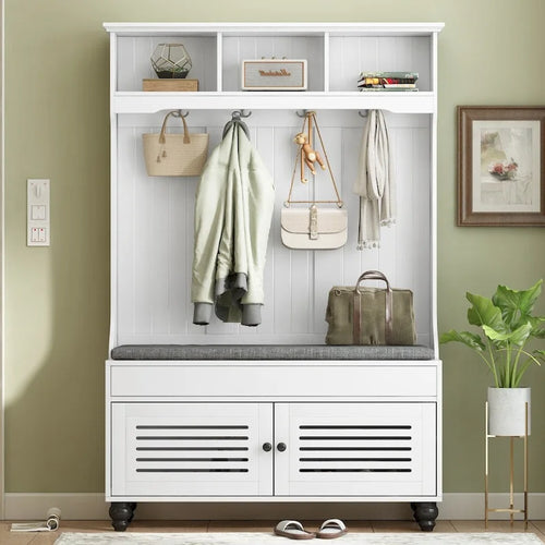47.2 Entryway Bench with Shutter-Shaped Doors, Coat Rack, Cushion and 4 Sturdy Hooks