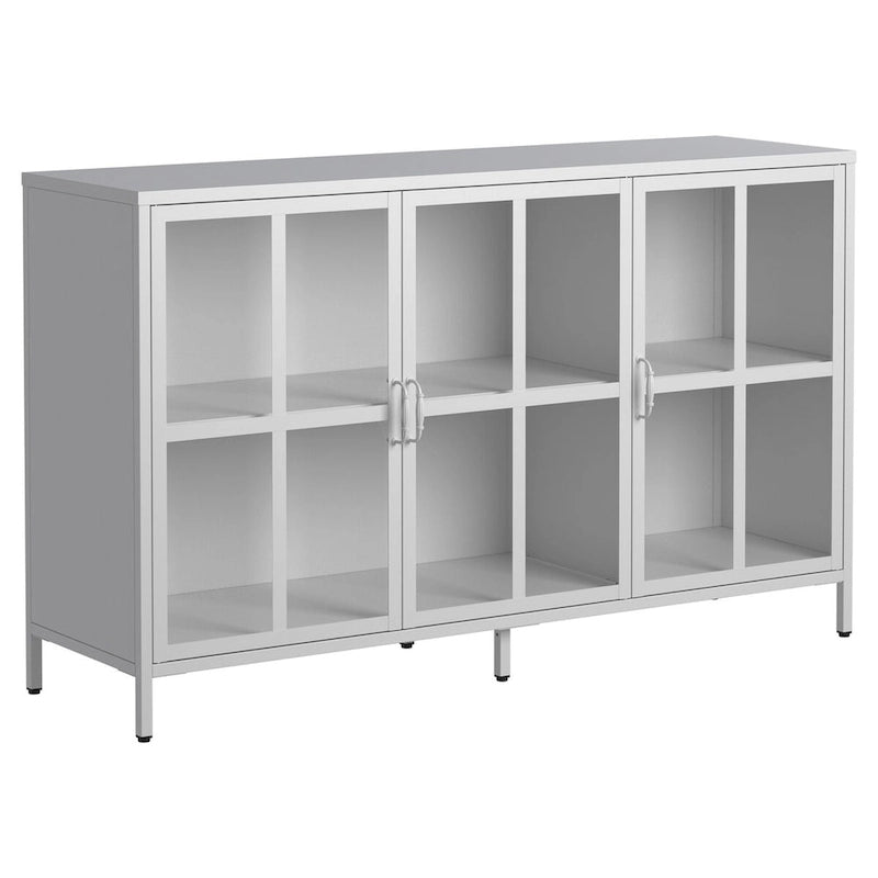 Madia a buffet con contenitore, mobile contenitore in acciaio, piedini regolabili, ante in vetro, organizer di grande capacità