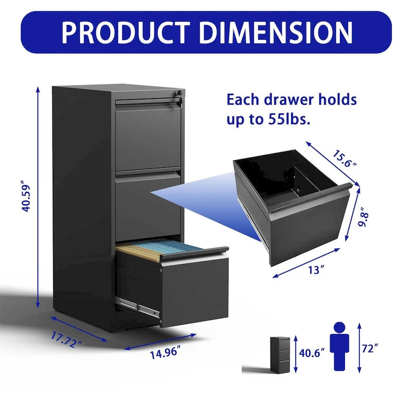 3-Drawer Metal Vertical File Cabinet with Lock