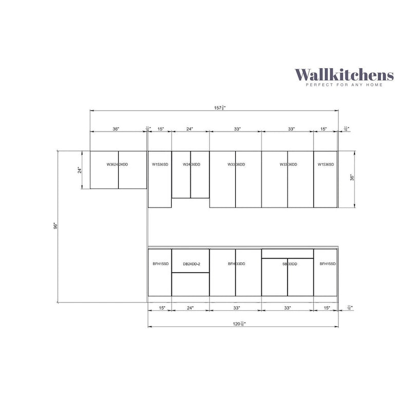 Kitchen Cabinet Set White Gloss Base 13Ft Wide - 157x24
