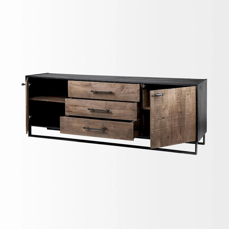 Madia in legno massello marrone con struttura in metallo nero, 3 cassetti e 2 ante - 82"L x 20"W x 30"H