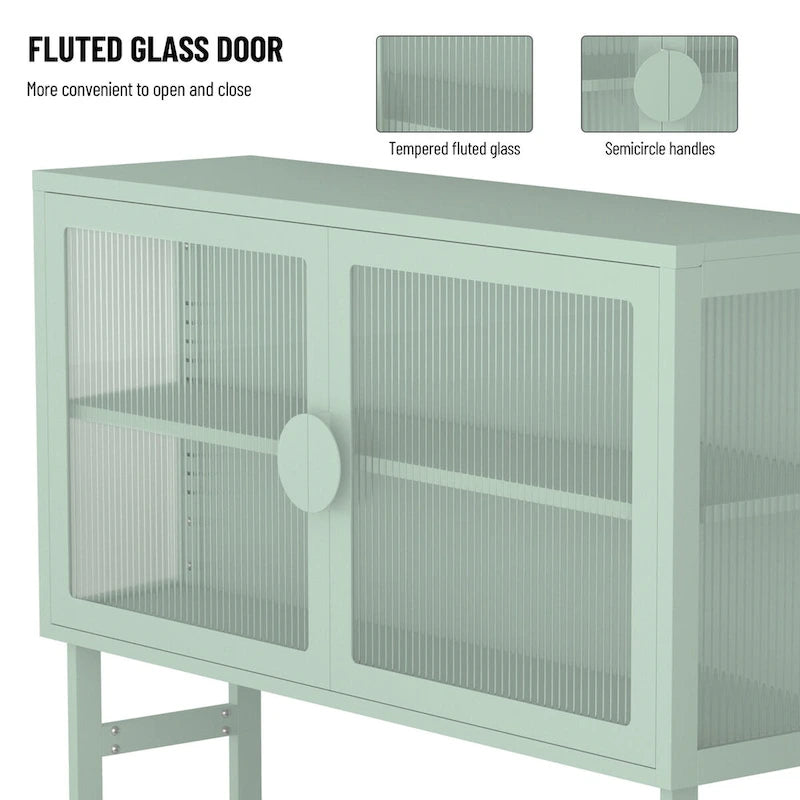 Schrank aus gehärtetem Glas mit 2 geriffelten Glastüren, verstellbarem Einlegeboden und U-förmigen Beinen, freistehender geschlossener Schrank für Küche und Wohnzimmer