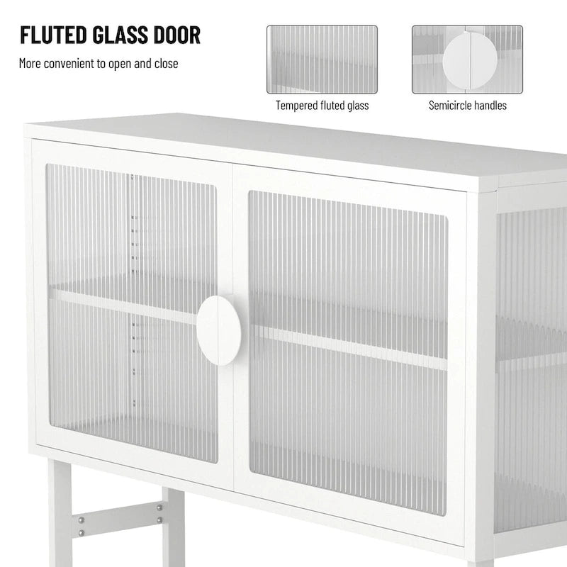 Schrank aus gehärtetem Glas mit 2 geriffelten Glastüren, verstellbarem Einlegeboden und U-förmigen Beinen, freistehender geschlossener Schrank für Küche und Wohnzimmer