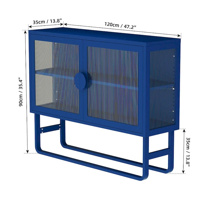 Schrank aus gehärtetem Glas mit 2 geriffelten Glastüren, verstellbarem Einlegeboden und U-förmigen Beinen, freistehender geschlossener Schrank für Küche und Wohnzimmer