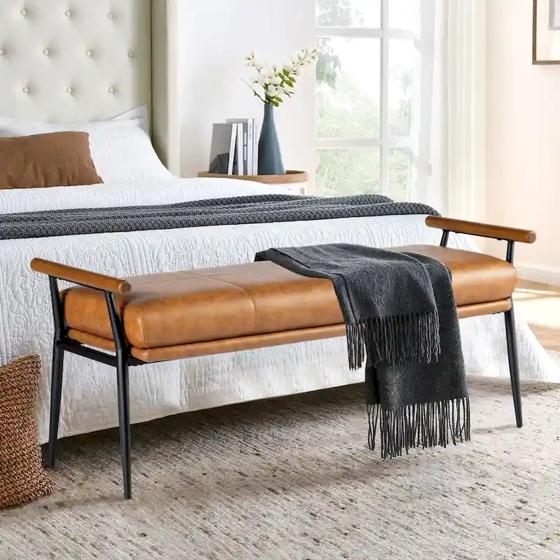 48.5W Modern Upholstered Bench with Wooden Arms and Metal Legs