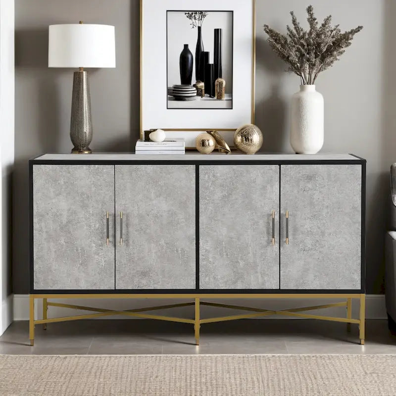 Besondere Merkmale eines Sideboards mit vier Türen, Metall- und Kreuzbein-Design, geeignet für Wohnzimmer