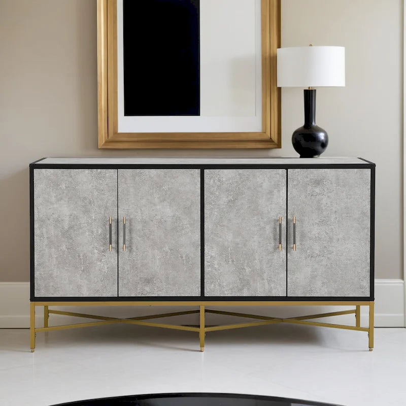 Besondere Merkmale eines Sideboards mit vier Türen, Metall- und Kreuzbein-Design, geeignet für Wohnzimmer
