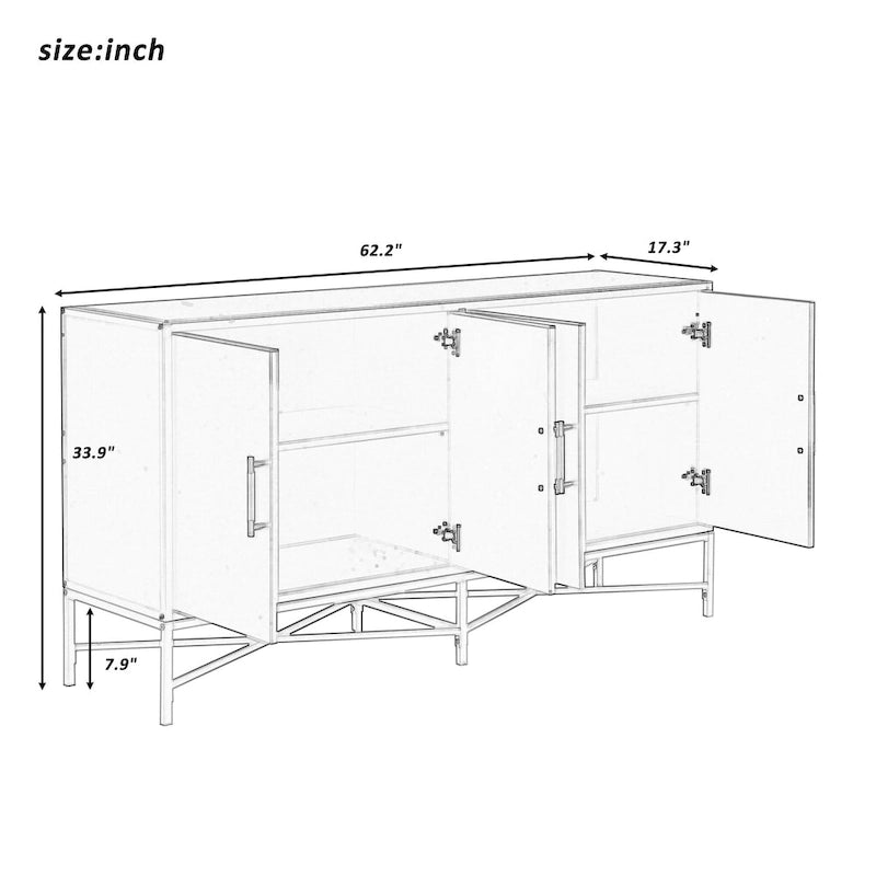 Besondere Merkmale eines Sideboards mit vier Türen, Metall- und Kreuzbein-Design, geeignet für Wohnzimmer