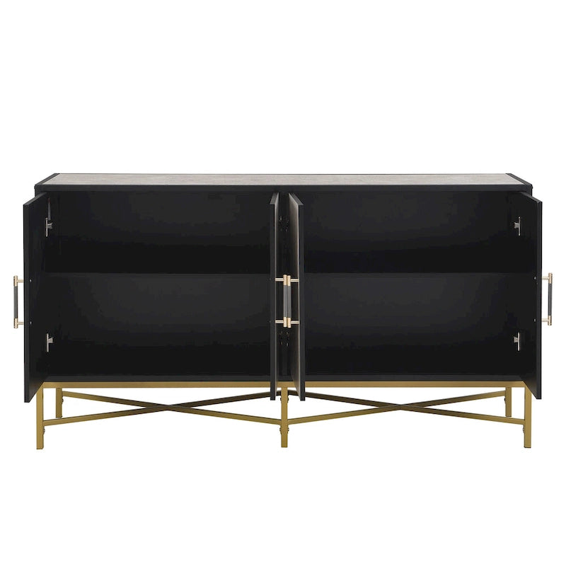 Besondere Merkmale eines Sideboards mit vier Türen, Metall- und Kreuzbein-Design, geeignet für Wohnzimmer