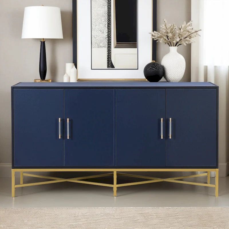 Besondere Merkmale eines Sideboards mit vier Türen, Metall- und Kreuzbein-Design, geeignet für Wohnzimmer