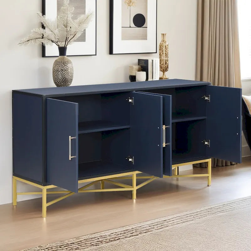Besondere Merkmale eines Sideboards mit vier Türen, Metall- und Kreuzbein-Design, geeignet für Wohnzimmer
