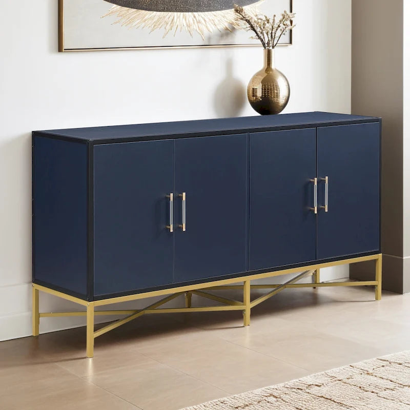 Besondere Merkmale eines Sideboards mit vier Türen, Metall- und Kreuzbein-Design, geeignet für Wohnzimmer