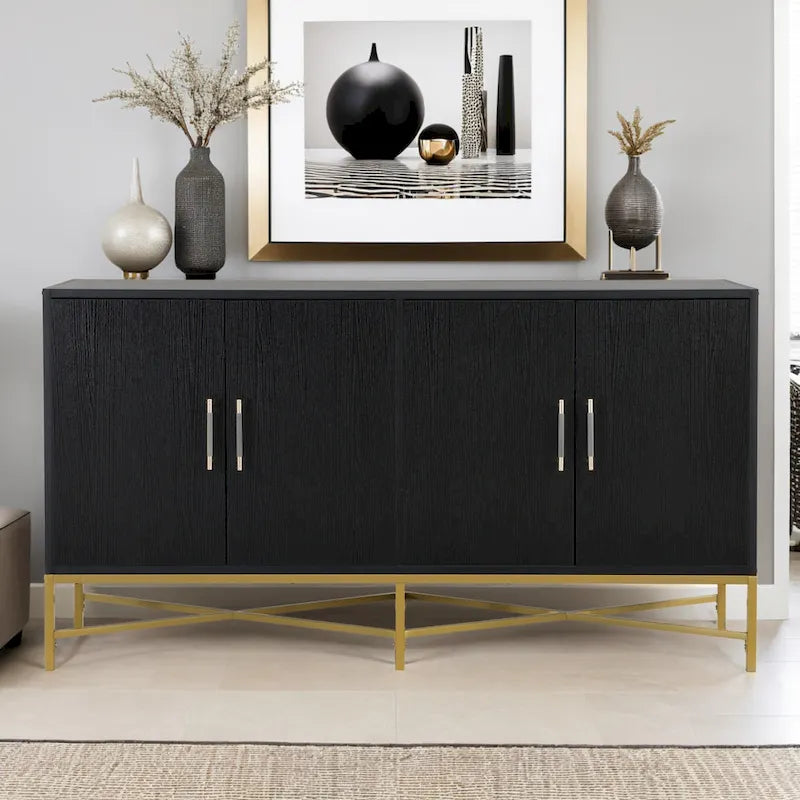 Besondere Merkmale eines Sideboards mit vier Türen, Metall- und Kreuzbein-Design, geeignet für Wohnzimmer