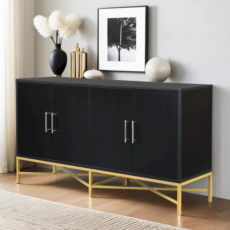 Besondere Merkmale eines Sideboards mit vier Türen, Metall- und Kreuzbein-Design, geeignet für Wohnzimmer