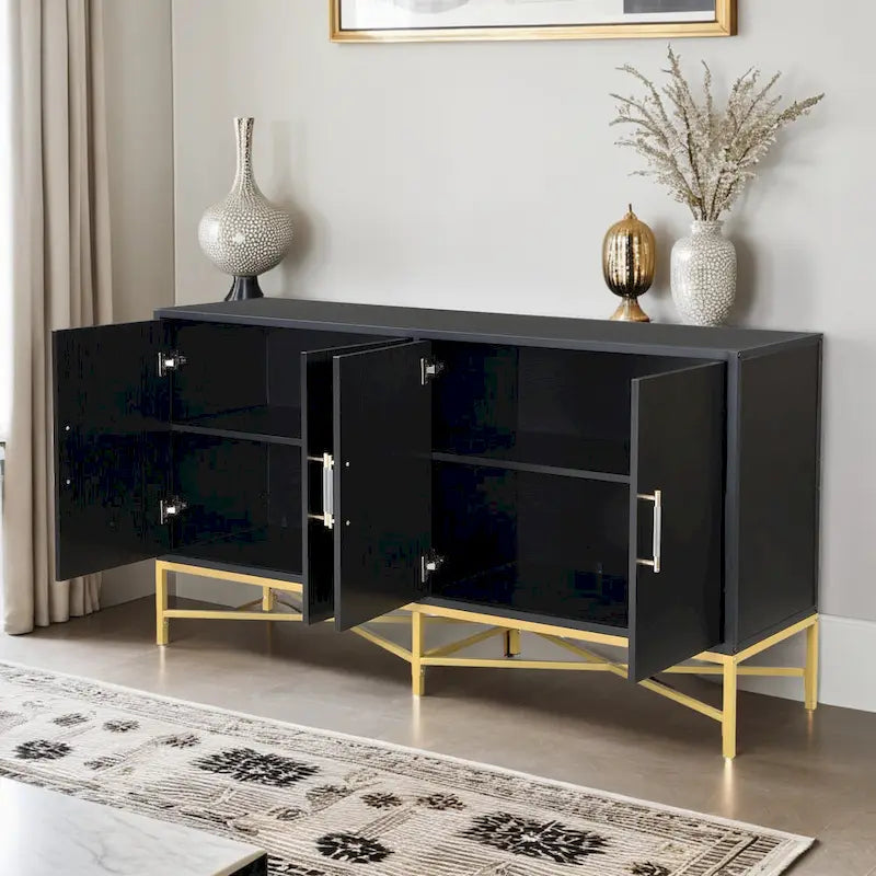 Besondere Merkmale eines Sideboards mit vier Türen, Metall- und Kreuzbein-Design, geeignet für Wohnzimmer